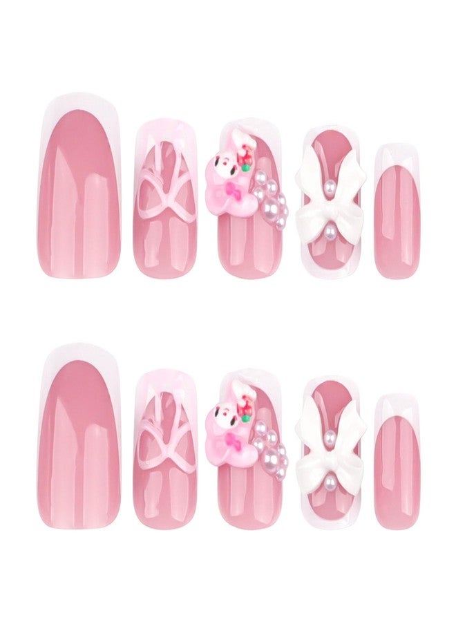YKZFUI White French Tip Press on Nails Short with Charms Bow Pearl Design, Pink French Nails Press ons Cute False Nails Short Square Nail Art Full Cover Stick on Nails for Women Manicure Decorations 24Pcs - Image 2